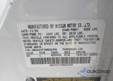 2006 Infiniti M35X из США, поврежденный, VIN JNKAY01F76M260766